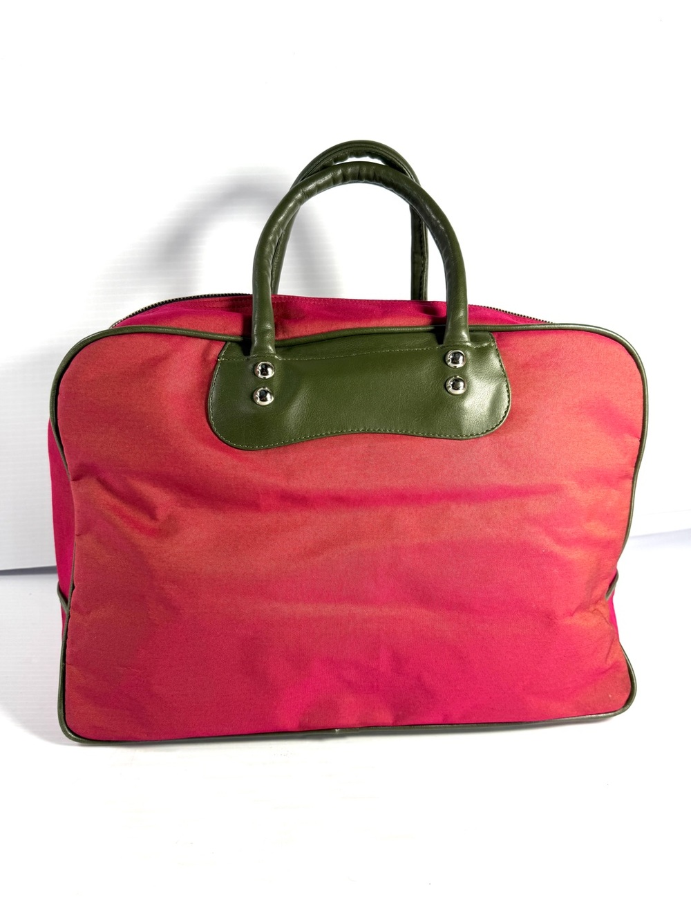 Women's Red Canvas Tote Bag with Green Leather Trim